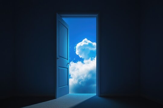 A warm and inviting scene with an open door leading to a bright blue sky, suggesting a new beginning or opportunity