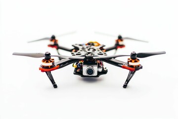 Black drone with camera on white background.