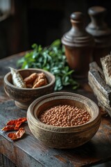 Fototapeta premium A wooden table covered with bowls filled with beans