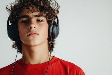 Man listening music with headphones on, wearing a red shirt