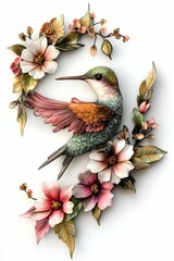 Fototapeta premium Hummingbird surrounded by delicate flowers.