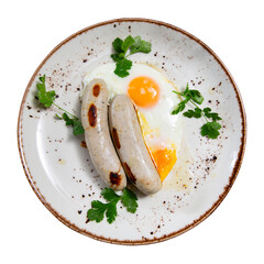 Appetizing fried eggs with sausage served on plate for breakfast. Isolated over white background