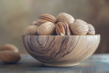 A wooden bowl filled with various types of nuts sitting on a table