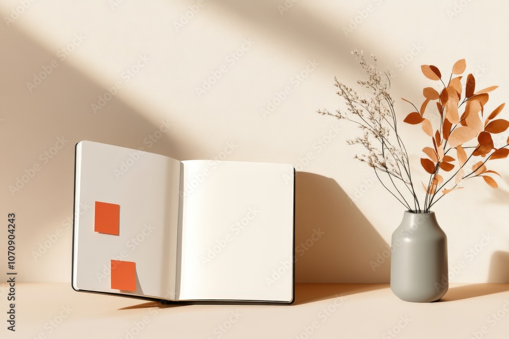 Poster minimalistic still life with open notebook and elegant vase in soft sunlight