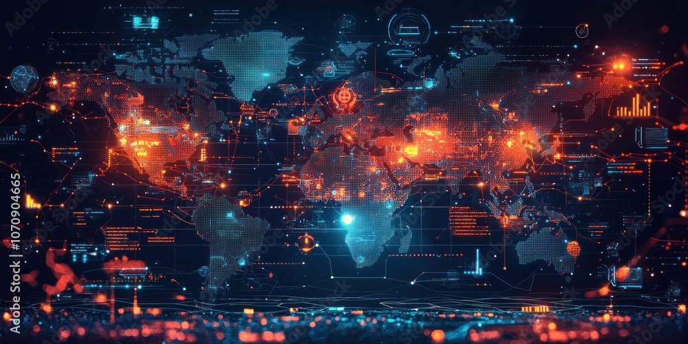Poster Digital World Map with Glowing Lines and Data Visualization