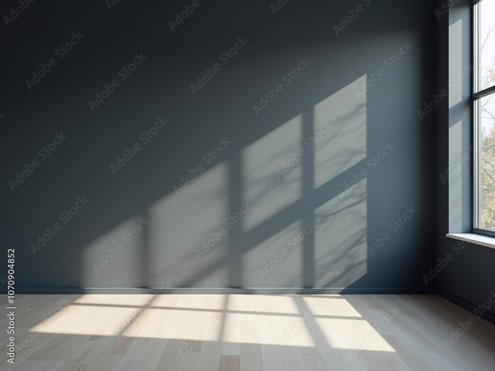 Poster shadows from window blinds fall across a dark gray wall while crisp sunlight creates sharp contrasts