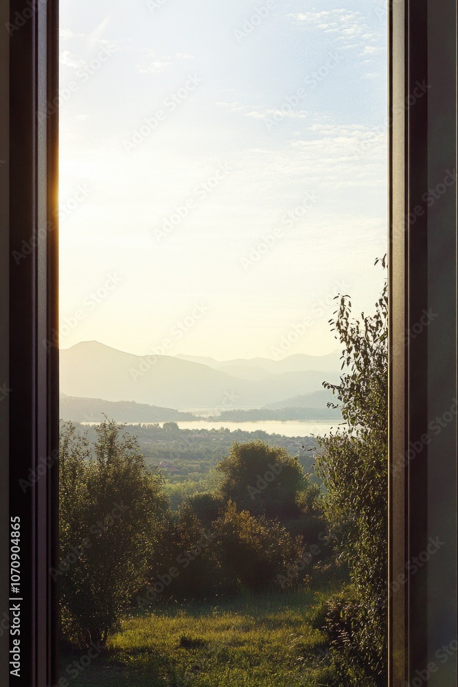 Poster a view out a window showing a field and mountains in the background, perfect for use as a scenic bac