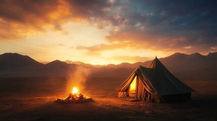A large canvas tent sits in a field with a roaring campfire burning in front of it, all illuminated by a golden sunset.