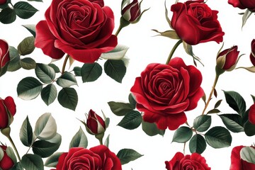 Naklejka premium Watercolor Illustration of Red Roses and Buds on a White Background