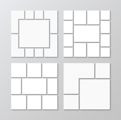 Moodboard layout set. Photo collage templates. Mosaic pictures frame collection. Album brandboard grid. Gallery banner. Portfolio images. Abstract forms. Retro background. Vector illustration