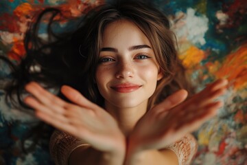 Naklejka premium Young woman hiding from view, hands up in front of face