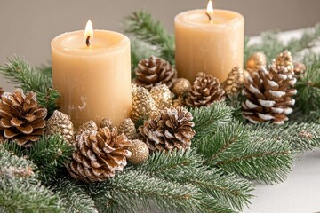 A close-up shot of a candle surrounded by pine cones, perfect for winter or holiday-themed designs