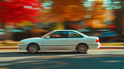 Obraz premium A white car speeds past with a blurred background of fall foliage in the background.