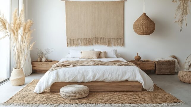 A serene boho bedroom featuring a woven tapestry and earthy decor that creates a tranquil atmosphere for restful sleep during the day