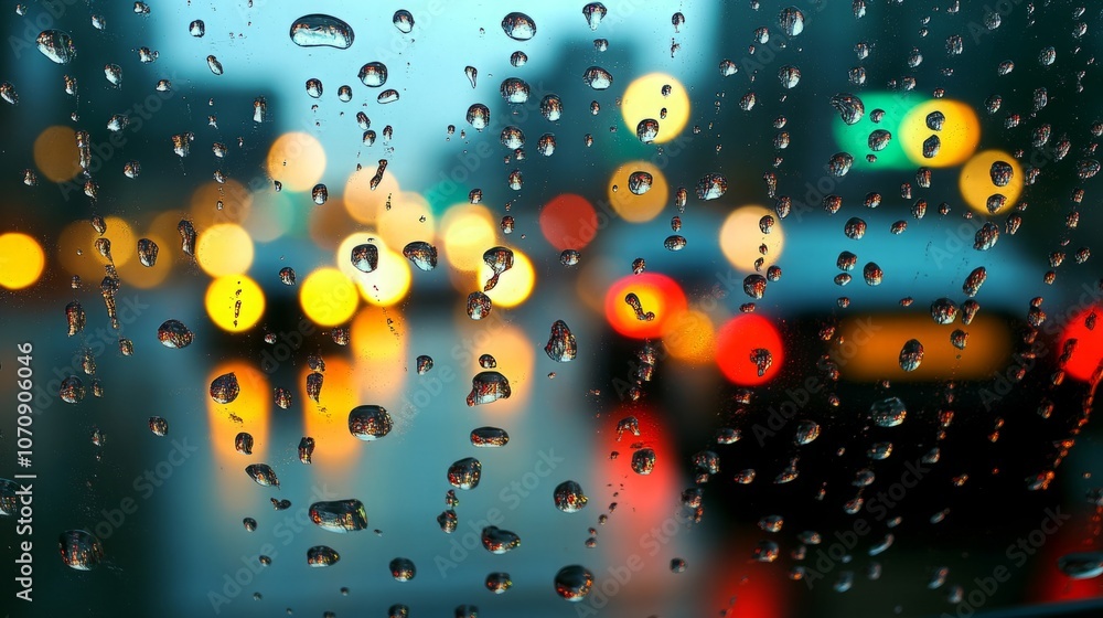 Aufkleber raindrops on a windowpane create a mesmerizing view of blurred city lights in the background.