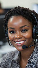 During her workday, a customer service representative wears a headset and smiles