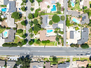 Aerial view of Upland city in San Bernardino County, California, on the border with neighboring Los Angeles County. 