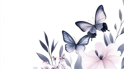 Elegant Butterflies and Delicate Flowers in a Minimalist Composition