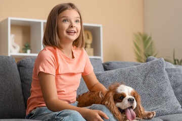 Happy little girl with cute King Charles spaniel dog sitting on sofa in living room