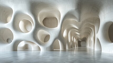 A spacious, modern interior with organic shapes and soft lighting, showcasing innovative architecture.
