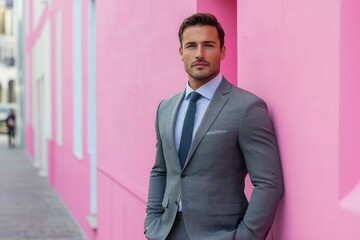 A businessman standing against a bright pink background, looking focused