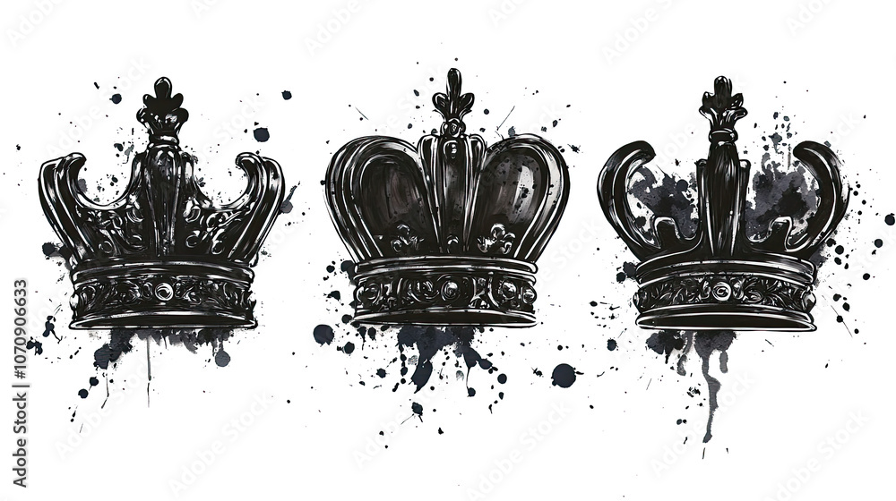 Poster set of black crown graffiti elements on a transparent background generative ai
