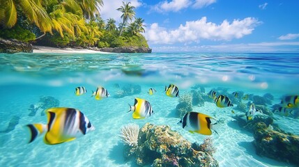 Scuba diving in crystal-clear waters, discovering an underwater reef with tropical