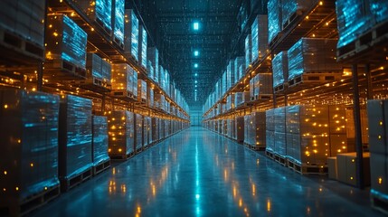 Holographic AI avatars enhancing logistics operations in a futuristic warehouse environment