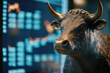 A sculpture of a bull stands in front of a computer monitor, representing a unique juxtaposition