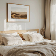 A framed desert landscape print hanging above a low wooden bed with neutral bedding