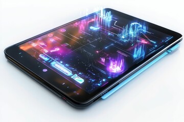 Futuristic tablet displays colorful data.