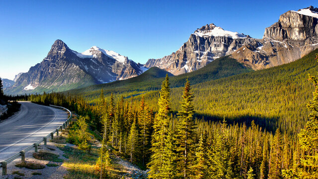 Icefield parkway trip, Canada. Scenic road in the mountains. Jasper and  Banff National Park. 