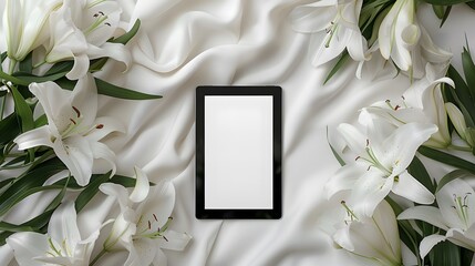 Black frame on white satin fabric surrounded by lilies. Elegant background for wedding invitations and announcements