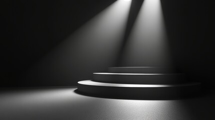 A minimalistic staircase illuminated by soft lighting in a dark setting, perfect for background use in presentations, storytelling, or showcasing concepts of elevation or aspiration,
