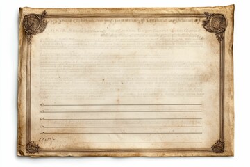 Old, ornate, blank certificate with lines.