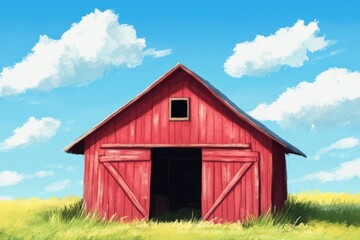 Obraz premium A rustic red barn stands out against the green grass and blue sky