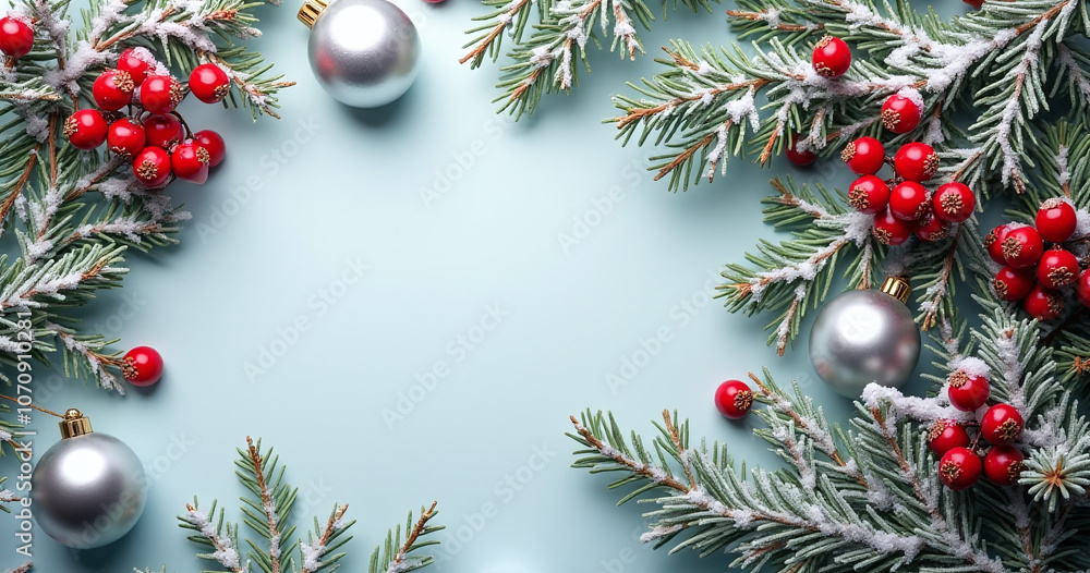 Poster snowy fir branches with bright red berries and silver ornaments make up this vibrant christmas and n