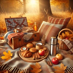 Cosy Autumn Sunset Picnic with Seasonal Treats and Fall Foliage