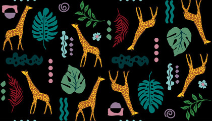 Seamless pattern, vector illustration of simple giraffes, monstera leaves and 80's doodles