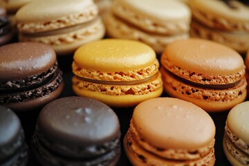 Fototapeta premium A assortment of colorful macarons arranged on a flat surface, ideal for bakery or food-related concepts