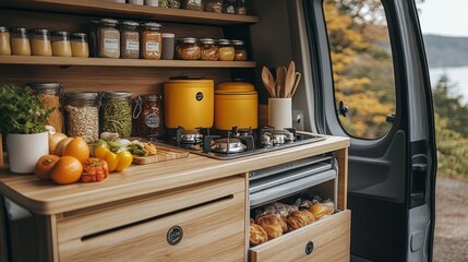 A stylish van kitchen showcases an array of fresh fruits and vegetables alongside neatly arranged jars and cooking equipment. The outdoor setting reflects vibrant autumn colors.