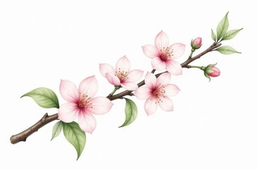 Naklejka premium Watercolor Apple Blossom Branch with Light Petals and Green Leaves on White Background