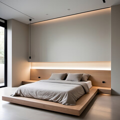 Minimalist Bedroom with Platform Bed &ndash; A low-profile platform bed with neutral bedding, complemented by wall-mounted lights and no visible bedside tables, in a calm, open space.