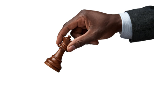Black Hand holding a chess piece, playing chess, isolated transparent png	
