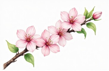 Fototapeta premium Watercolor Blooming Plum Blossom Branch with Light Petals and Green Leaves on White Background
