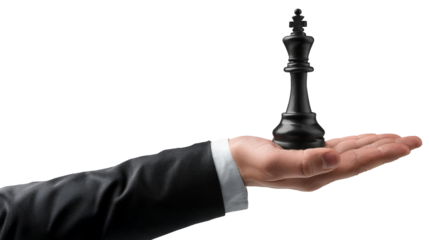 Hand holding a giant chess piece, playing chess, isolated transparent png	