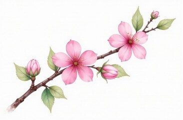 Watercolor Blooming Plum Blossom Branch with Light Petals and Green Leaves on White Background