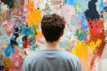 Obraz premium A person admiring a big artwork, suitable for use as decoration or cultural event illustration