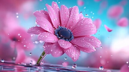 Pink Flower Blossom with Water Droplets and Falling Petals