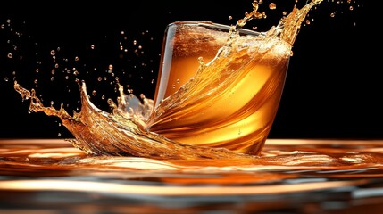 Golden Liquid Splashing in Glass on Black Background